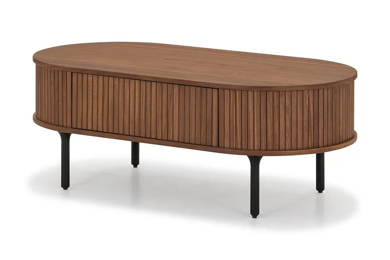 Noira Ovalt Soffbord Valnöt 118x60 cm med förvaring låda - Brun / Mörkbrunt Trä / Ribbad - Möbler - Bord