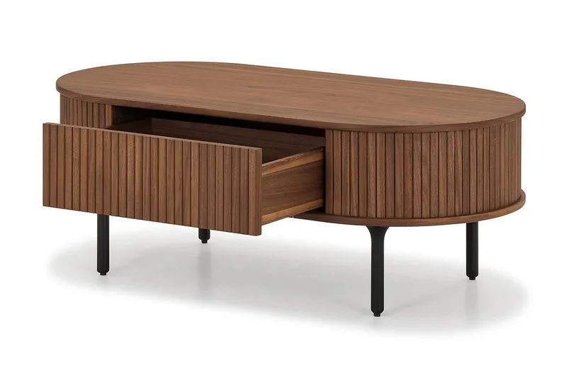 Noira Ovalt Soffbord Valnöt 118x60 cm med förvaring låda - Brun / Mörkbrunt Trä / Ribbad - Möbler - Bord
