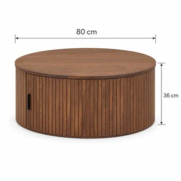 Noira Runt Soffbord 80 cm i Trä med Valnötsutseende och Ribbade Lådor - Brun - Möbler - Bord