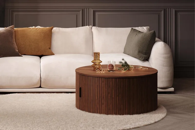 Noira Runt Soffbord 80 cm med Förvaring Låda - Valnöt / Bunt Trä - Möbler - Bord