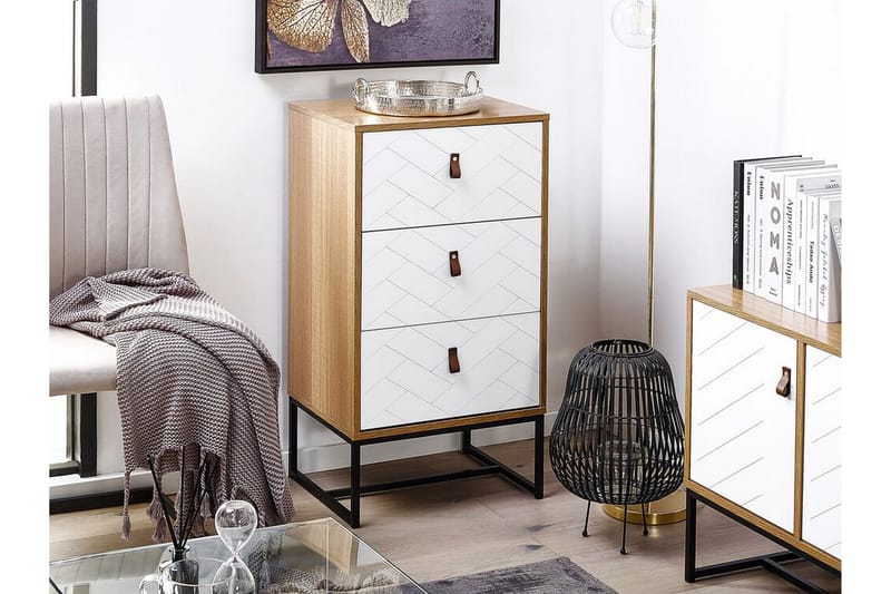 Nueva Sängbord 49 cm med Lådor i Trä med Metallunderrede - Vit - Möbler - Bord