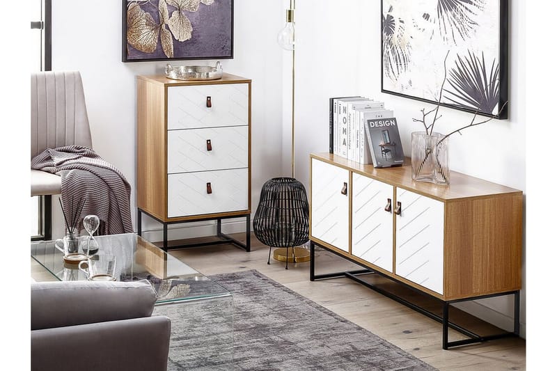Nueva Sängbord 49 cm med Lådor i Trä med Metallunderrede - Vit - Möbler - Bord