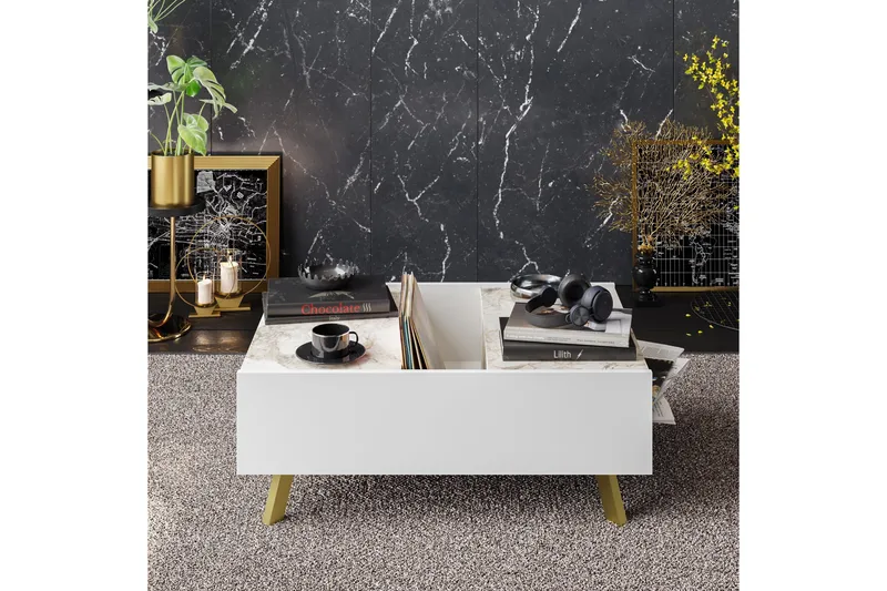 Ocotla Soffbord 90 cm med Förvaring Marmormönster - Vit/Mörkbrun - Möbler - Bord