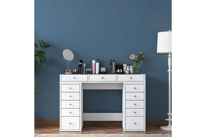 Ramender Sminkbord med förvaring Bordsskiva Glas 120 cm - Vit - Möbler - Bord