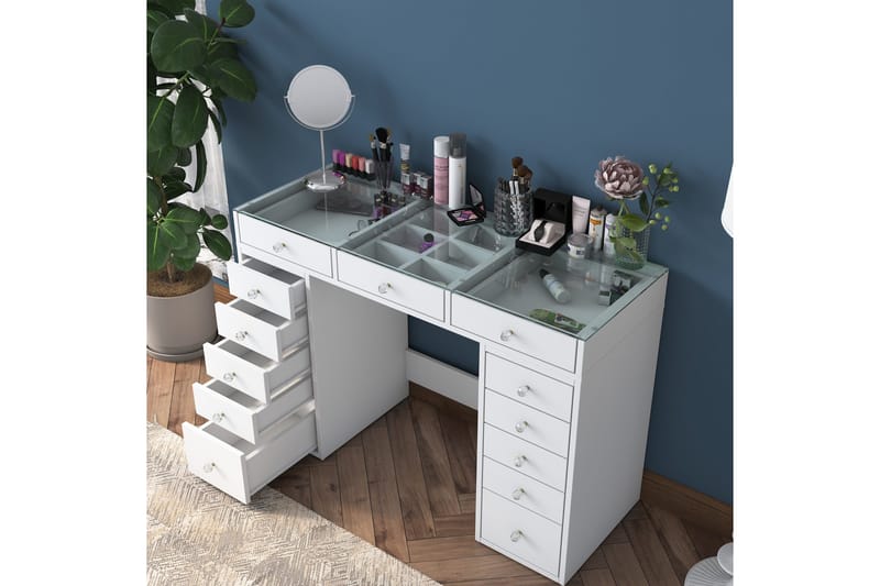 Ramender Sminkbord med förvaring Bordsskiva Glas 120 cm - Vit - Möbler - Bord