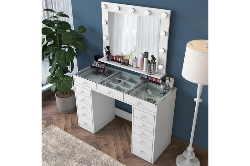 Ramender Stort Sminkbord med spegel och lampor med förvaring - Glas / Vit - Möbler - Bord