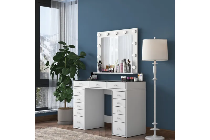 Ramender Stort Sminkbord med spegel och lampor med förvaring - Glas / Vit - Möbler - Bord