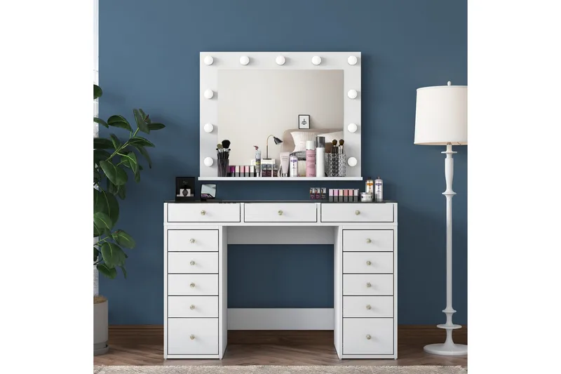 Ramender Stort Sminkbord med spegel och lampor med förvaring - Glas / Vit - Möbler - Bord