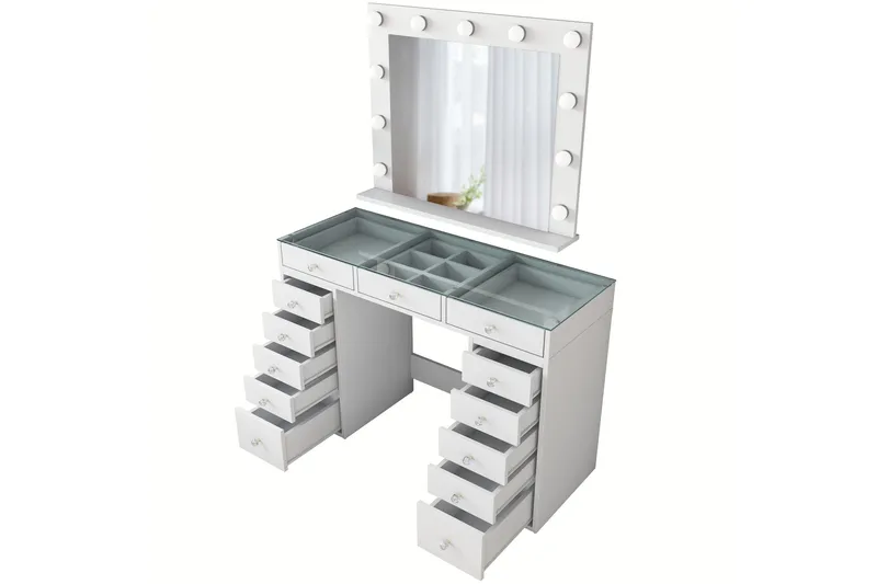 Ramender Stort Sminkbord med spegel och lampor med förvaring - Glas / Vit - Möbler - Bord