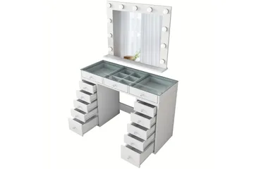 Ramender Stort Sminkbord med spegel och lampor med förvaring - Glas / Vit - Möbler - Bord