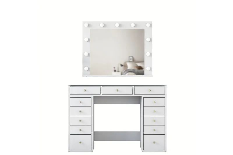 Ramender Stort Sminkbord med spegel och lampor med förvaring - Glas / Vit - Möbler - Bord