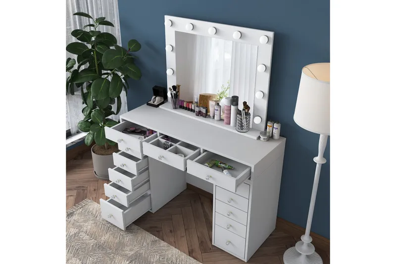 Ramender Stort Sminkbord med spegel och lampor med förvaring, Vit