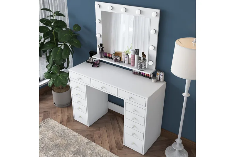 Ramender Stort Sminkbord med spegel och lampor med förvaring - Vit - Möbler - Bord
