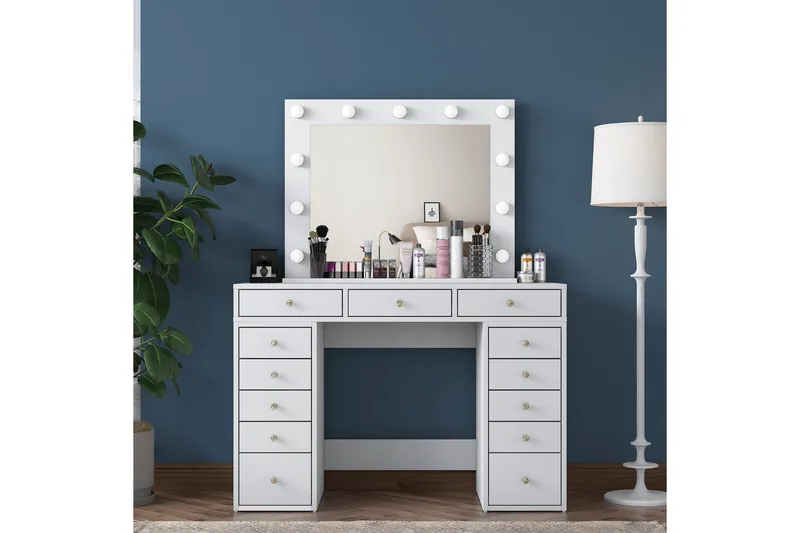 Ramender Stort Sminkbord med spegel och lampor med förvaring - Vit - Möbler - Bord