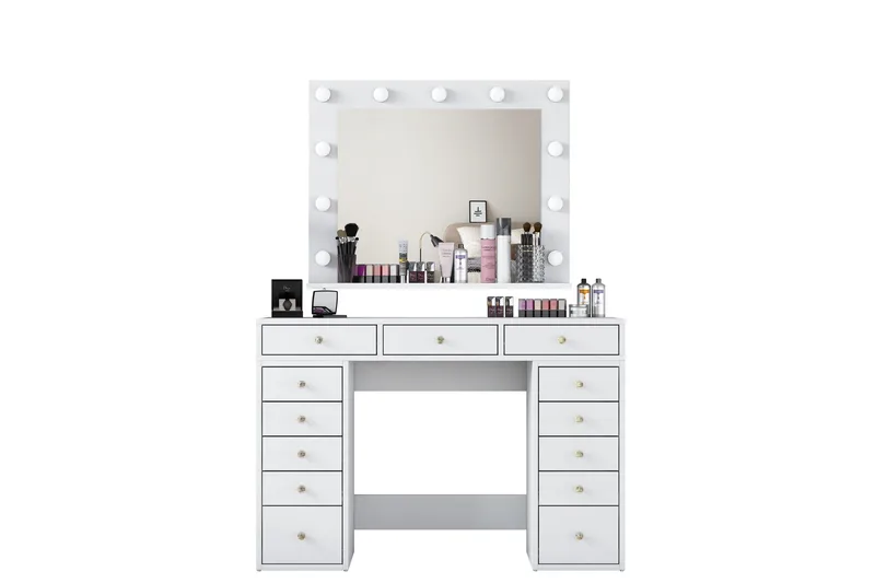 Ramender Stort Sminkbord med spegel och lampor med förvaring - Vit - Möbler - Bord