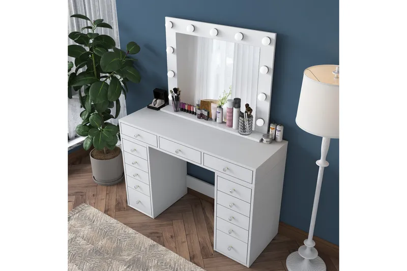 Ramender Stort Sminkbord med spegel och lampor med förvaring - Vit - Möbler - Bord