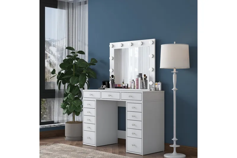 Ramender Stort Sminkbord med spegel och lampor med förvaring - Vit - Möbler - Bord