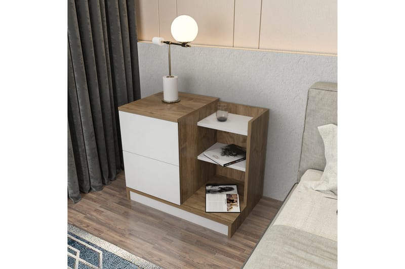 Rinorea Sängbord 72x60 cm i Ek med Lådor och Förvaring - Vit - Möbler - Bord
