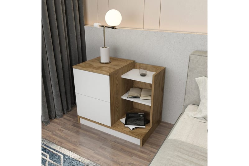 Rinorea Sängbord 72x60 cm i Ek med Lådor och Förvaring - Vit - Möbler - Bord
