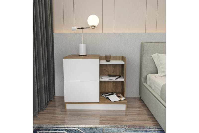 Rinorea Sängbord 72x60 cm i Ek med Lådor och Förvaring - Vit - Möbler - Bord
