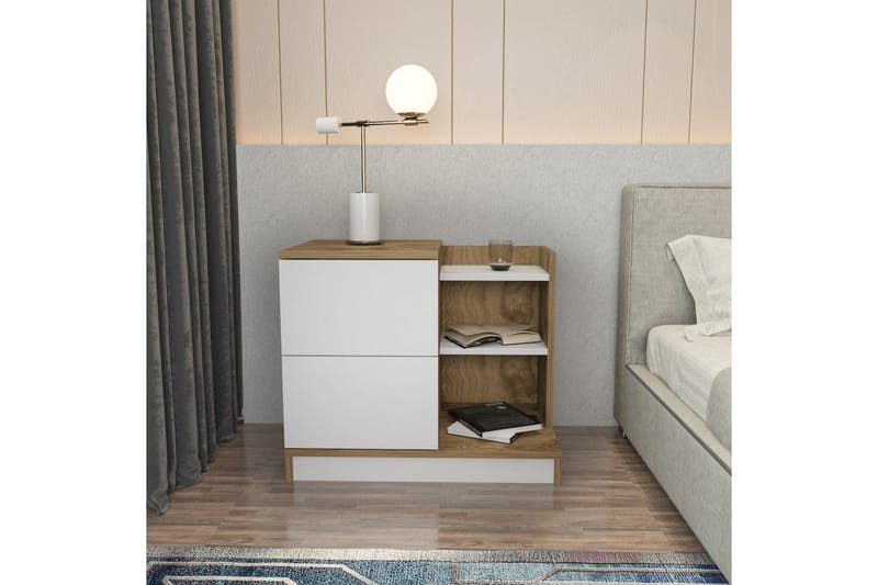 Rinorea Sängbord 72x60 cm i Ek med Lådor och Förvaring - Vit - Möbler - Bord