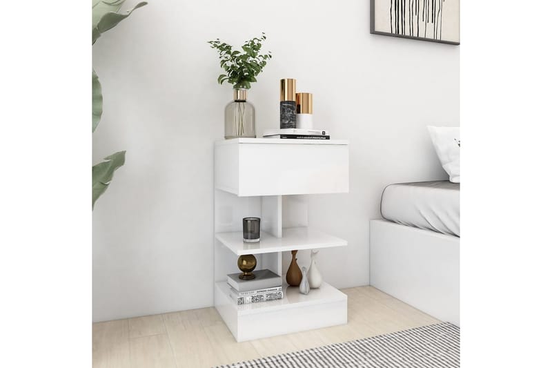 Sängbord vit högglans 40x35x65 cm spånskiva - Vit - Möbler - Bord