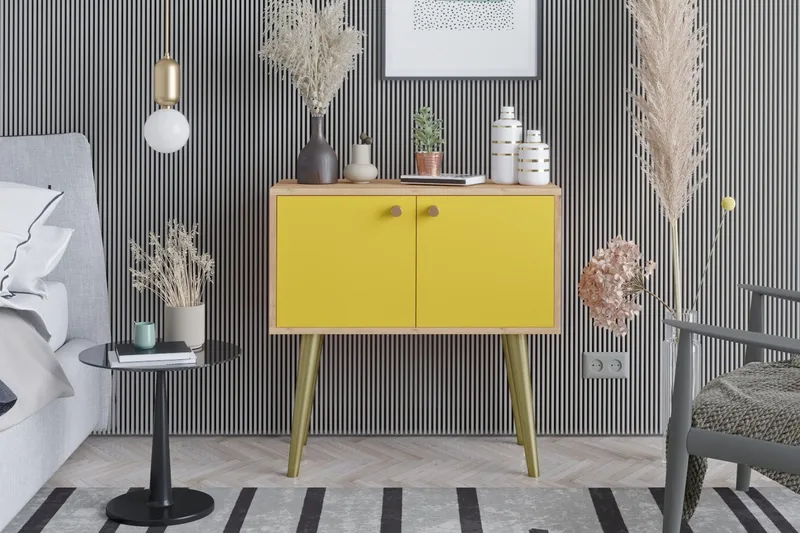 Sidobord 80 cm, Guld/Natur/Gul