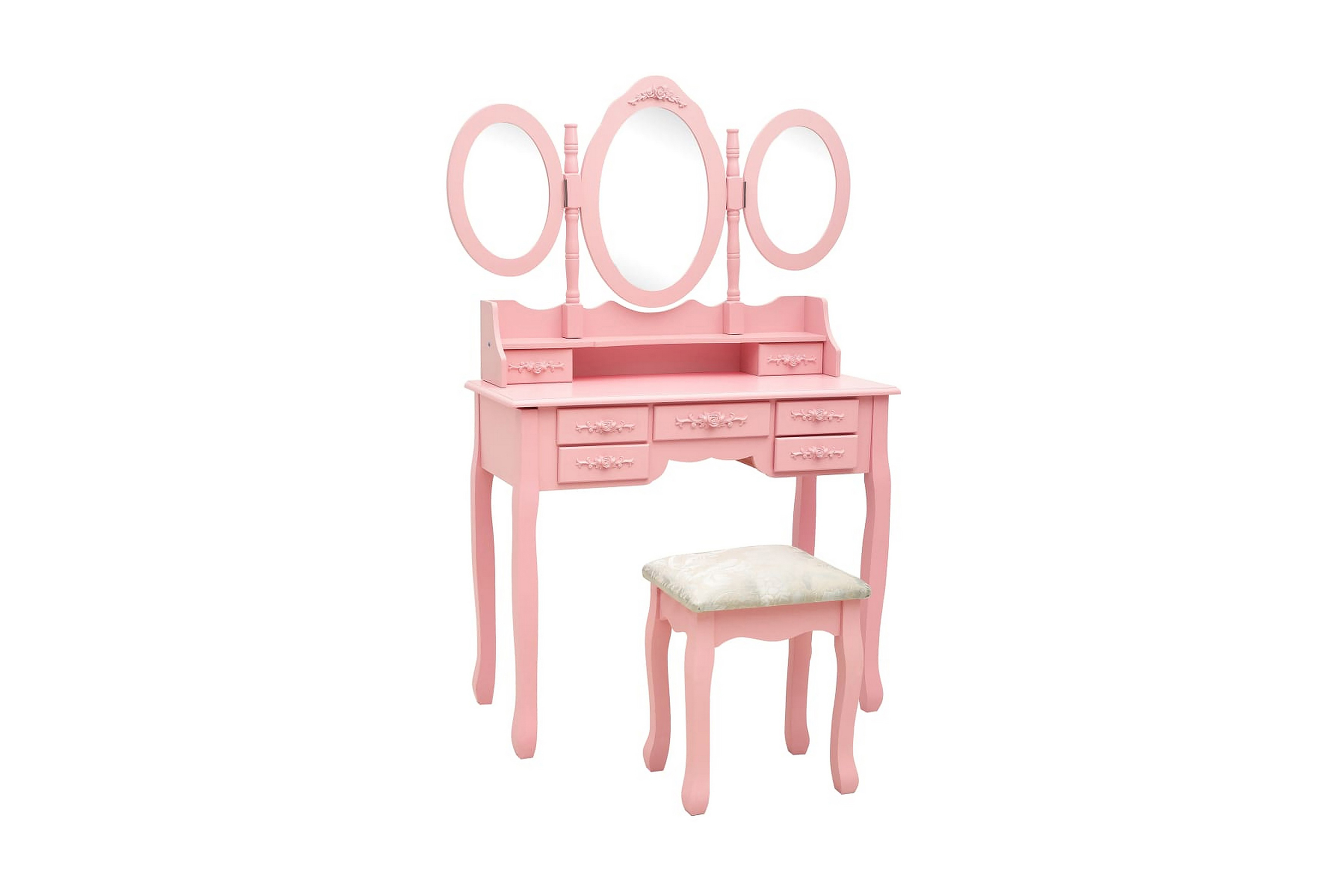 Sminkbord med pall och 3 speglar rosa – Rosa