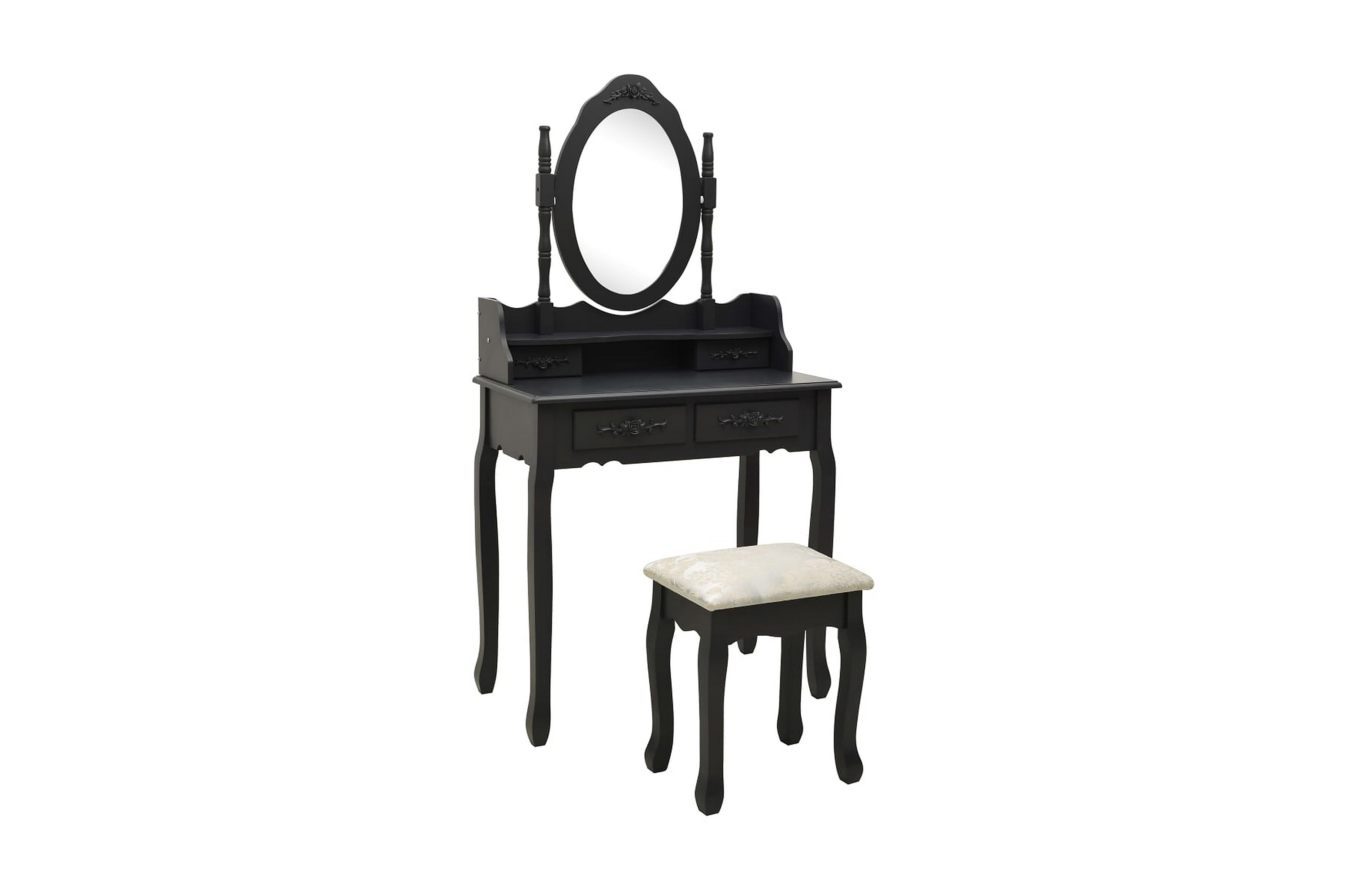 Sminkbord med pall svart 75x69x140 cm paulowniaträ – Svart