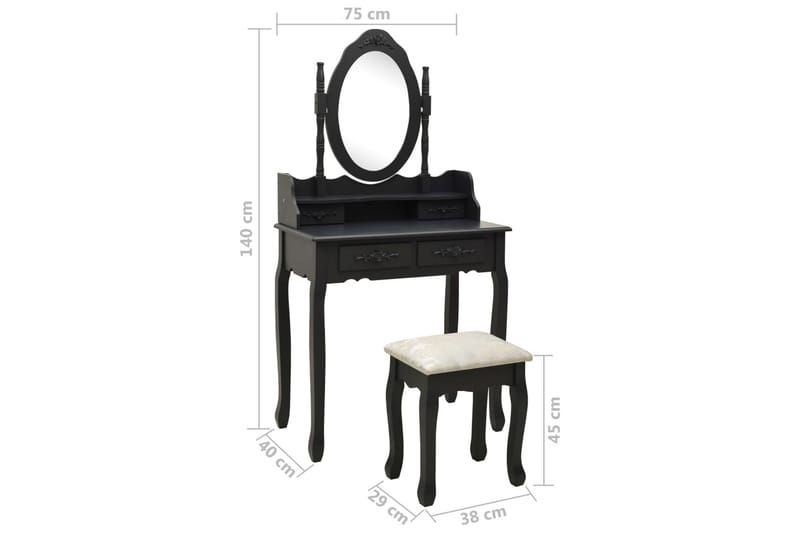 Sminkbord med pall svart 75x69x140 cm paulowniaträ - Svart - Möbler - Bord - Sminkbord