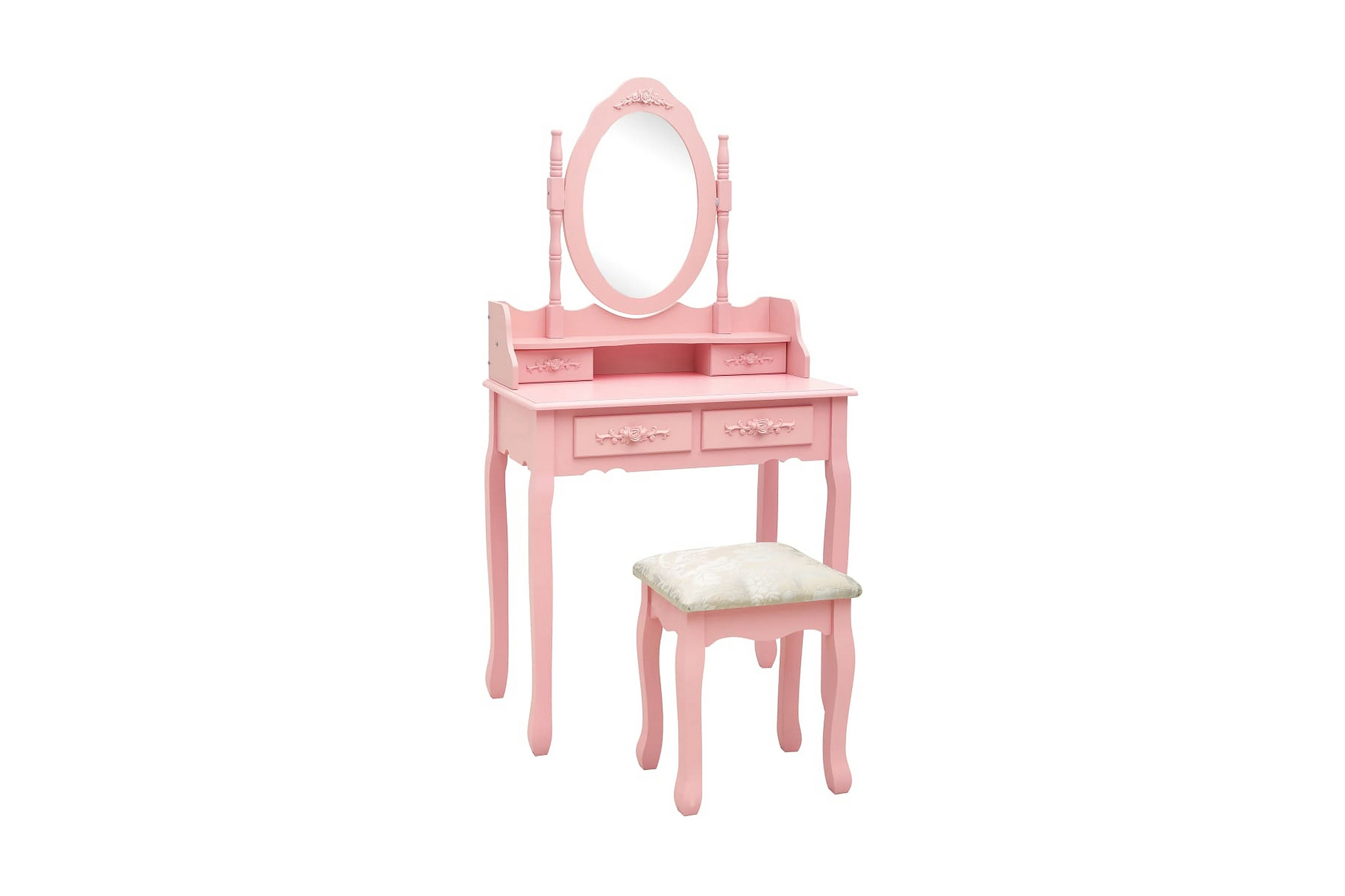 Sminkbord med pall rosa 75x69x140 cm paulowniaträ – Rosa