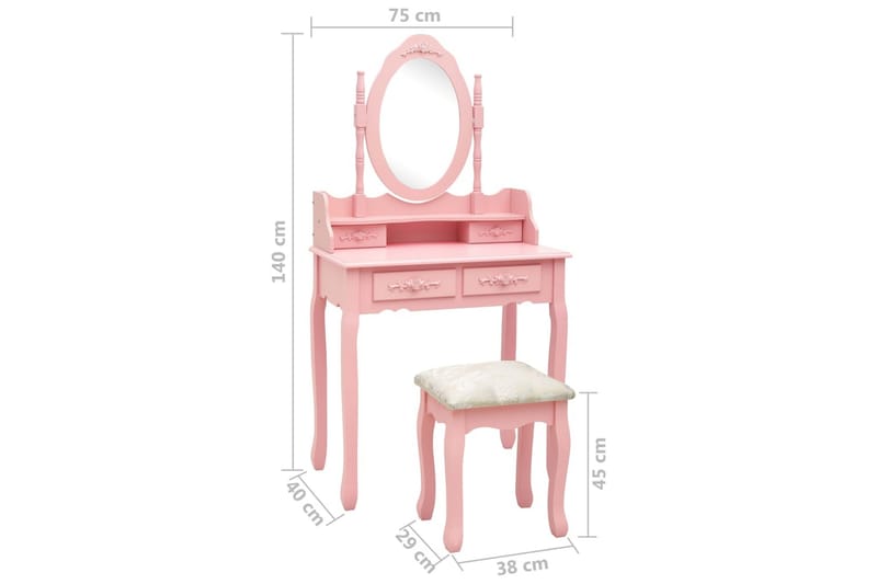 Sminkbord med pall rosa 75x69x140 cm paulowniaträ - Rosa - Möbler - Bord - Sminkbord