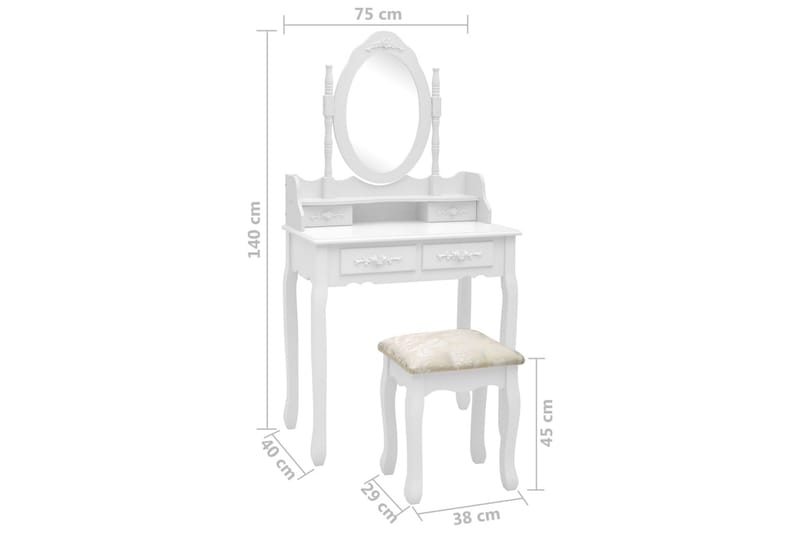Sminkbord med pall vit 75x69x140 cm paulowniaträ - Vit - Möbler - Bord - Sminkbord