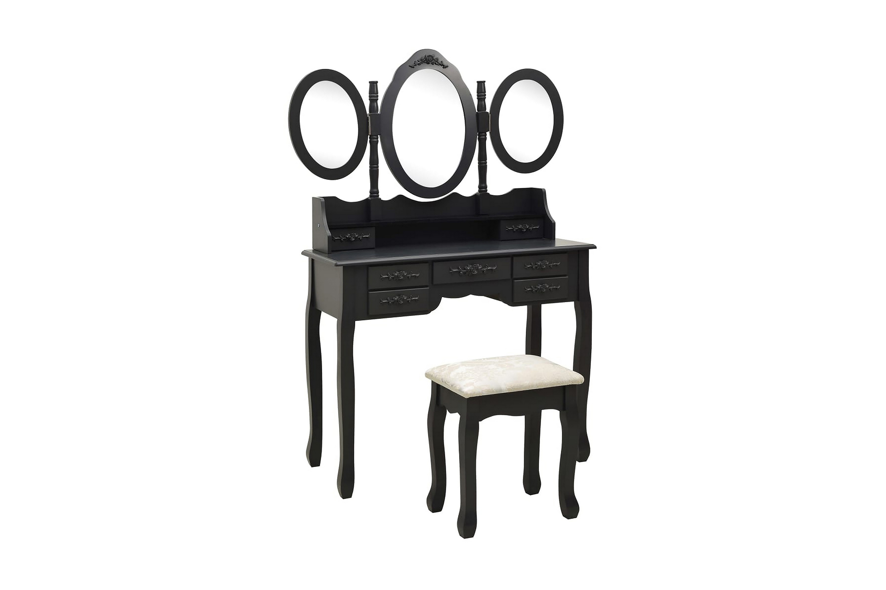Sminkbord med pall och 3 speglar svart – Svart
