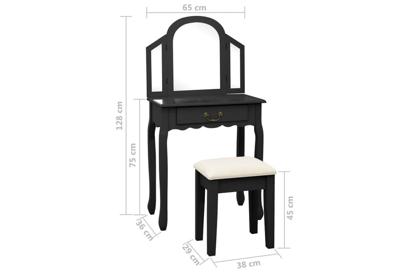 Sminkbord med pall svart 65x36x128 cm kejsarträ MDF - Svart - Möbler - Bord - Sminkbord