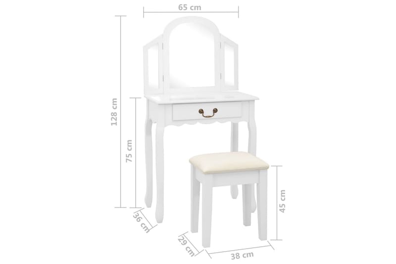 Sminkbord med pall vit 65x36x128 cm kejsarträ MDF - Vit - Möbler - Bord - Sminkbord