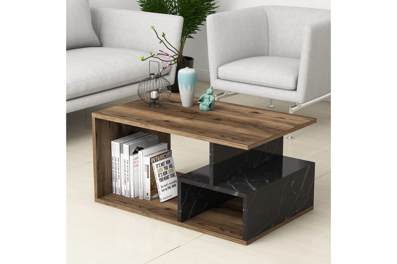 Soffbord Garavelo Soffbord 90 cm med Förvaring Hyllor Marmormönster Svart,Trä/Natur,Mörkbrun - Möbler - Bord