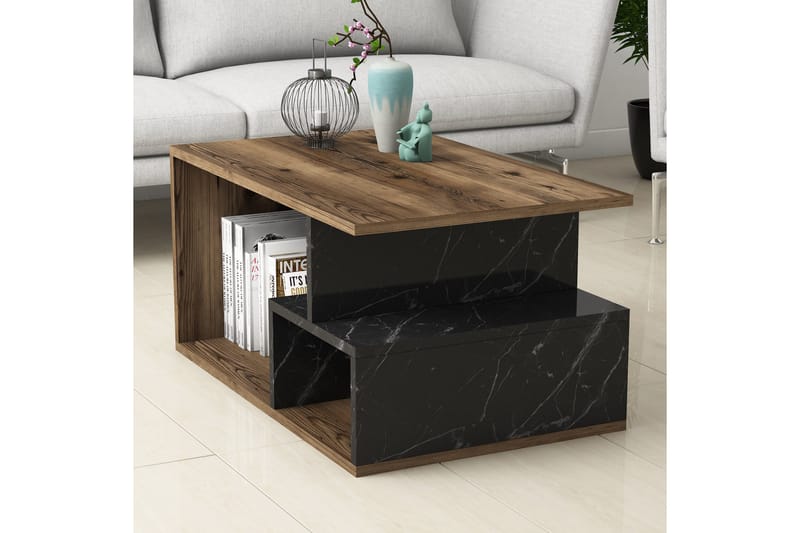 Soffbord Garavelo Soffbord 90 cm med Förvaring Hyllor Marmormönster Svart,Trä/Natur,Mörkbrun - Möbler - Bord