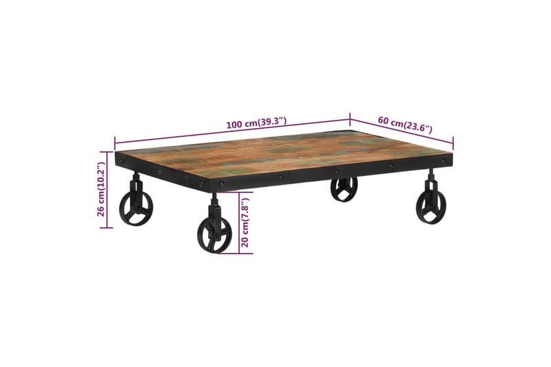 Soffbord med hjul 100x60x26 massivt återvunnet trä - Brun - Möbler - Bord