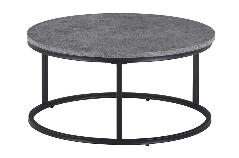 Thyra Runt Satsbord - 2 soffbord 90 och 75 cm med Stenutseende och Metallben - Grå & Svart - Möbler - Bord