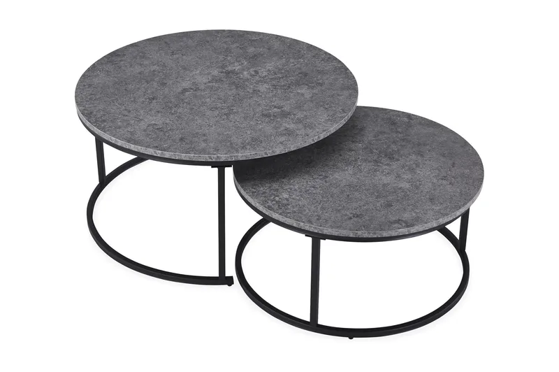 Thyra Runt Satsbord - 2 soffbord 90 och 75 cm med Stenutseende och Metallben - Grå & Svart - Möbler - Bord