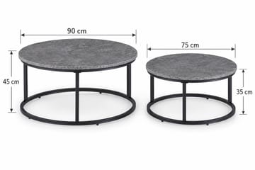 Thyra Runt Satsbord - 2 soffbord 90 och 75 cm med Stenutseende och Metallben - Grå & Svart - Möbler - Bord
