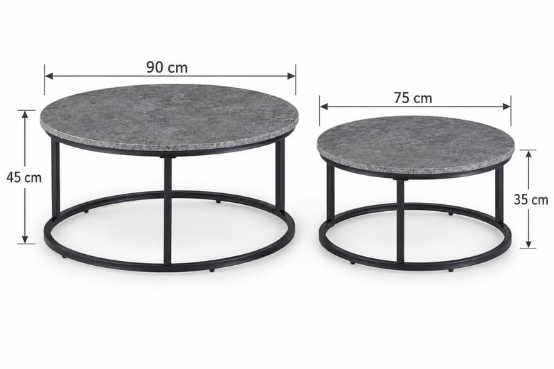 Thyra Runt Satsbord - 2 soffbord 90 och 75 cm med Stenutseende och Metallben - Grå & Svart - Möbler - Bord