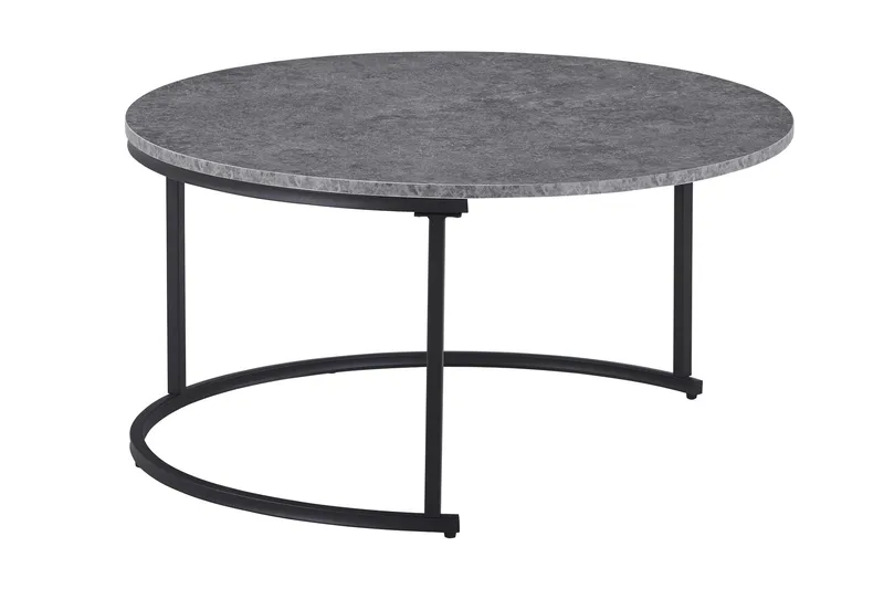 Thyra Runt Satsbord - 2 soffbord 90 och 75 cm med Stenutseende och Metallben - Grå & Svart - Möbler - Bord