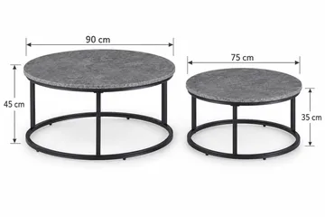 Thyra Runt Satsbord - 2 soffbord 90 och 75 cm med Stenutseende och Metallben - Grå|Svart - Möbler - Bord