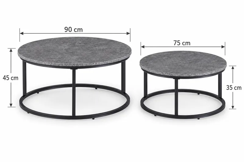 Thyra Runt Satsbord - 2 soffbord 90 och 75 cm med Stenutseende och Metallben - Grå|Svart - Möbler - Bord