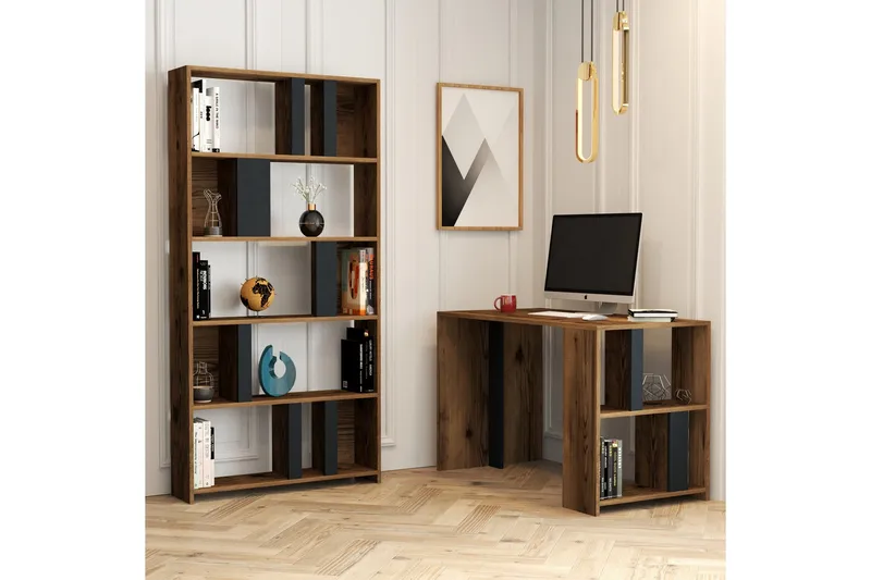 Timiza Skrivbord 120 cm med Förvaring Hylla + Bokhylla, Valnötsbrun/Antracit