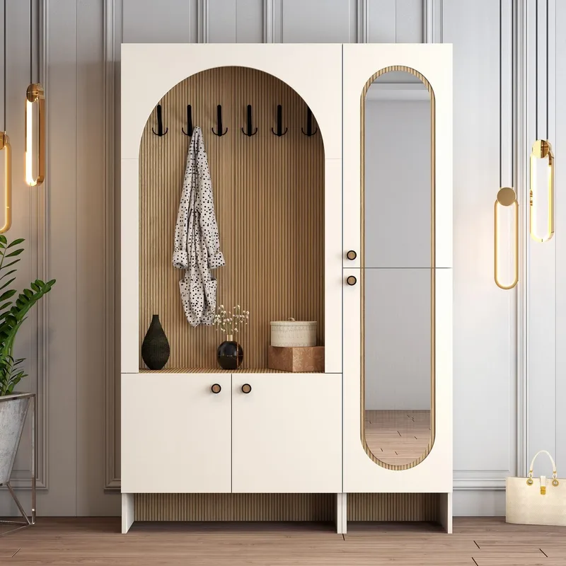 Ayleid Hallmöbel med spegel 200 cm - Kräm / Ek - Möbler - Hall & entré - Möbelset för hall & entré