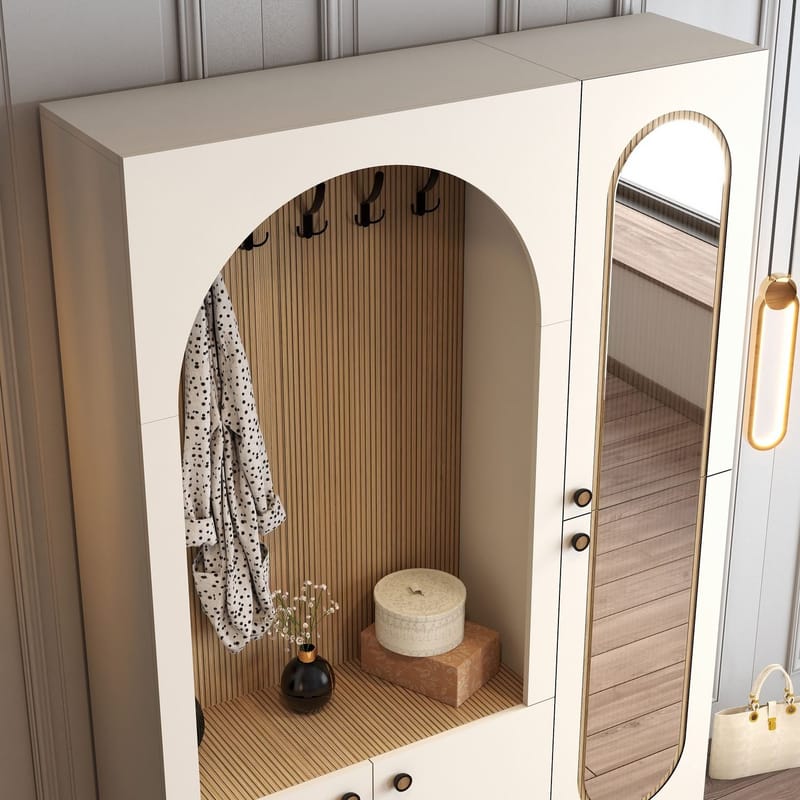 Ayleid Hallmöbel med spegel 200 cm - Kräm / Ek - Möbler - Hall & entré - Möbelset för hall & entré
