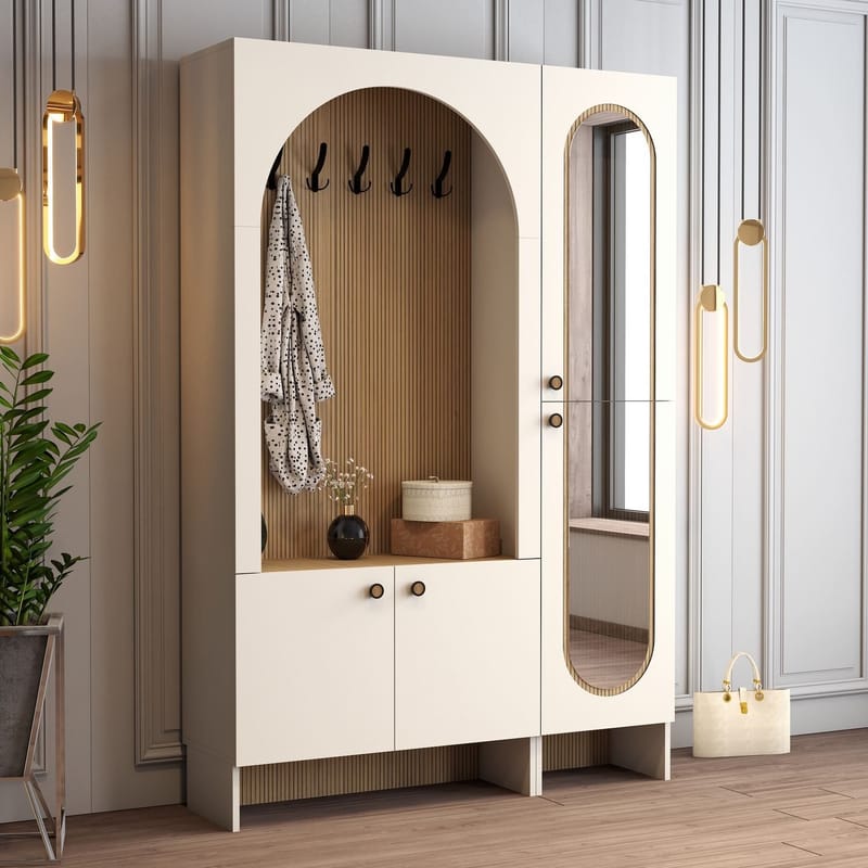 Ayleid Hallmöbel med spegel 200 cm - Kräm / Ek - Möbler - Hall & entré - Möbelset för hall & entré